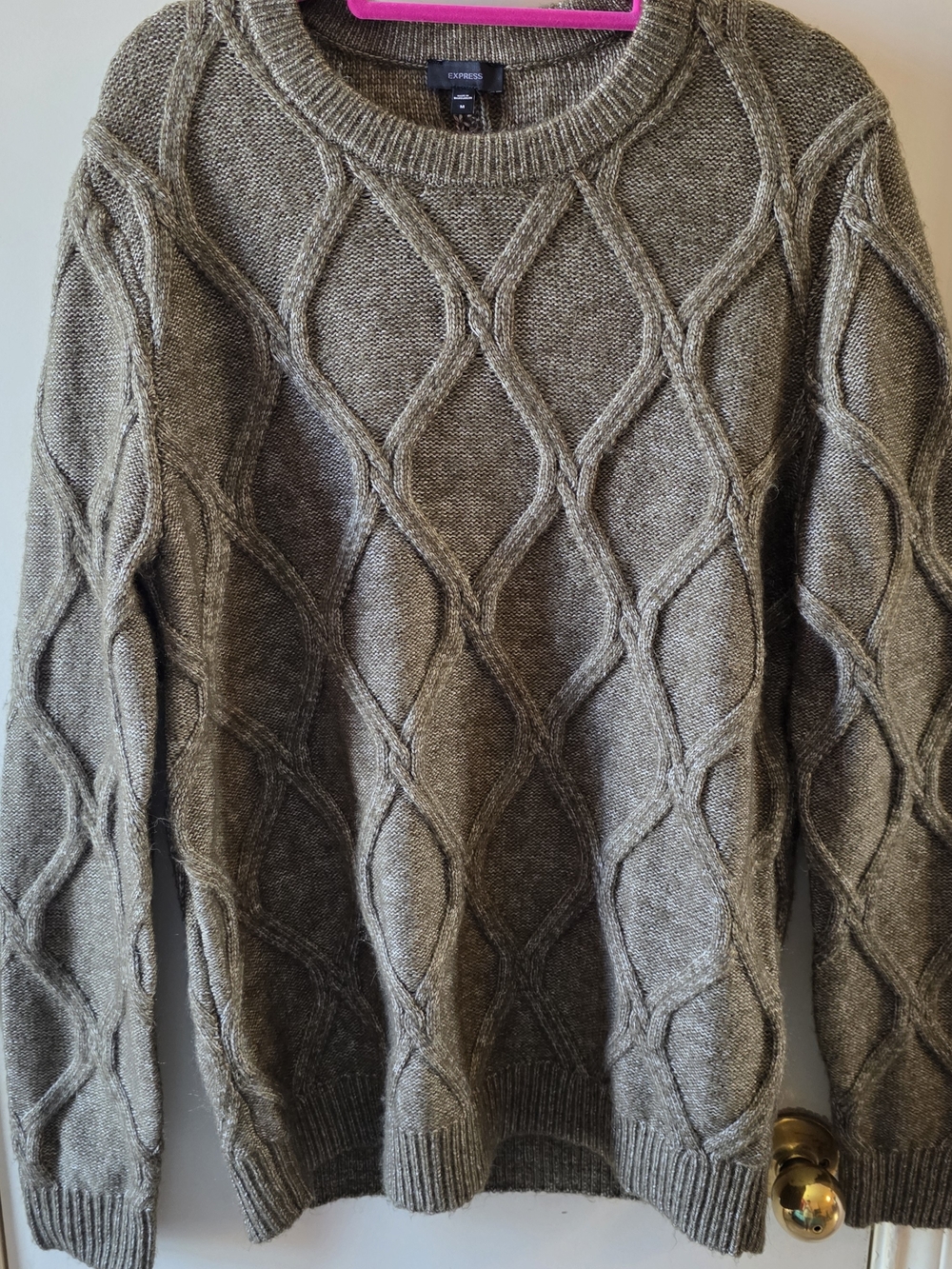 Express Men's Olive Green Cable Knit Crewneck Sweater